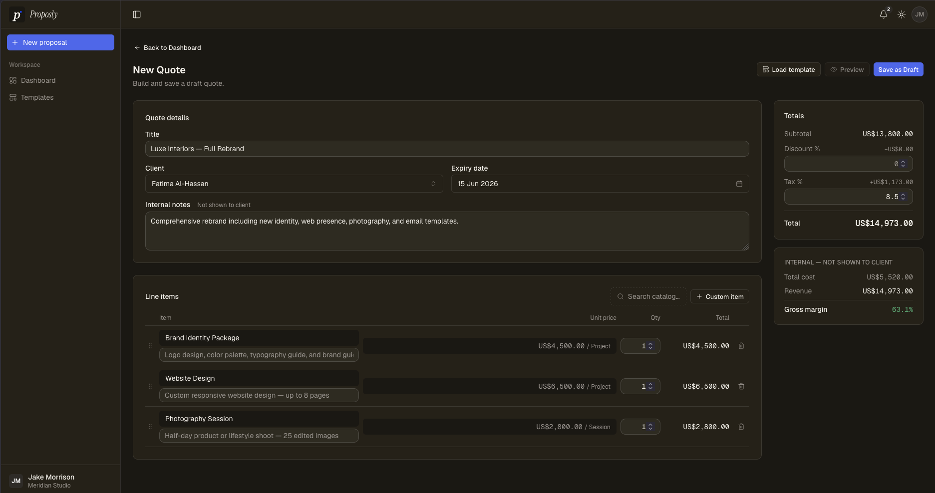 Quote builder with line items and margins