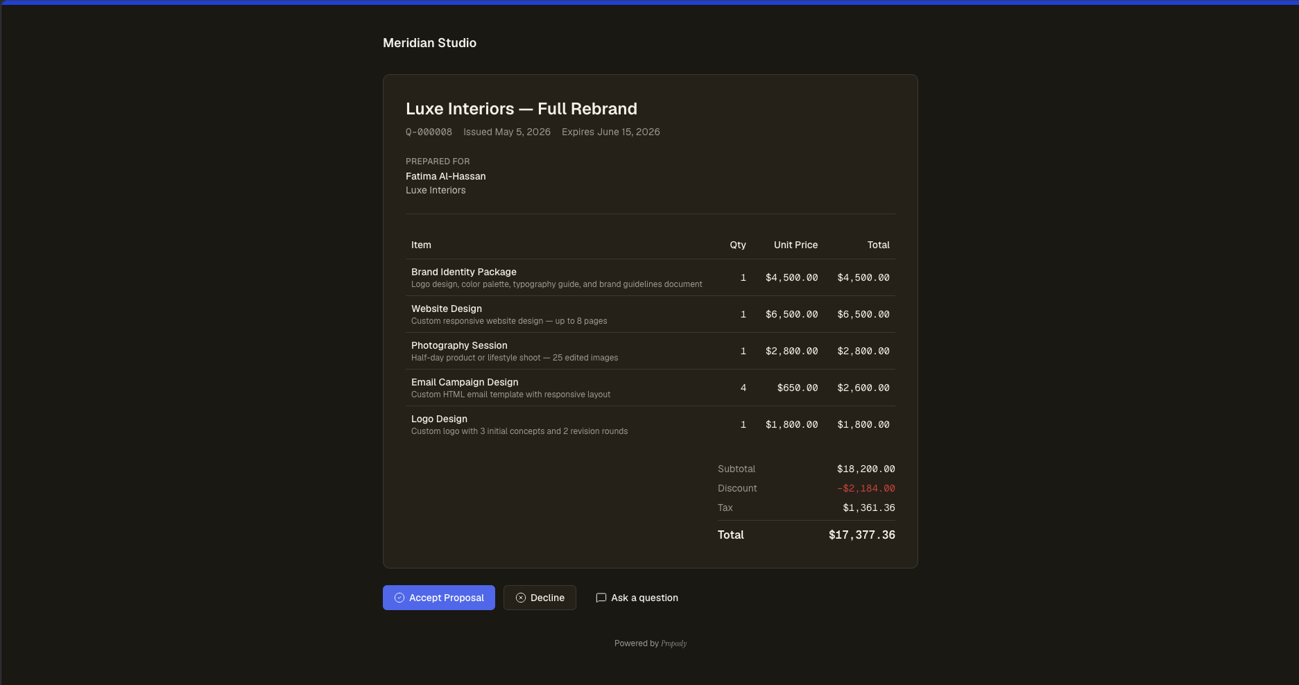 Client-facing public proposal page