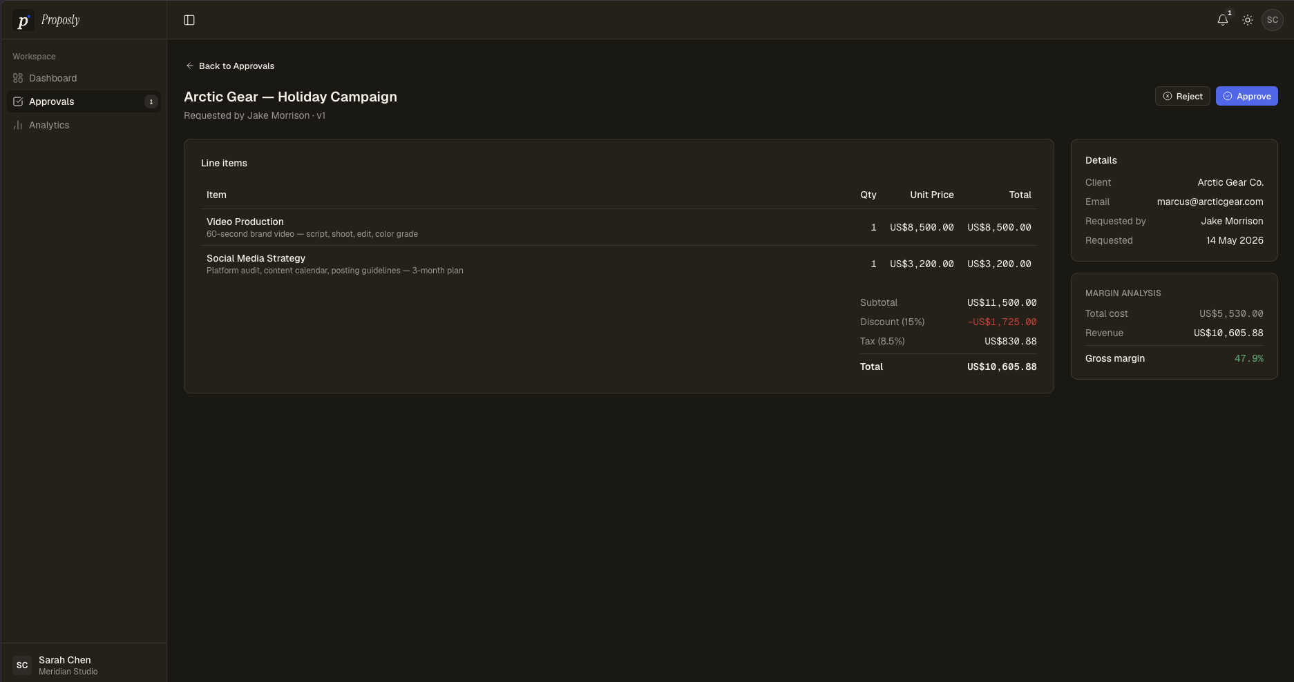 Approval detail with margin breakdown