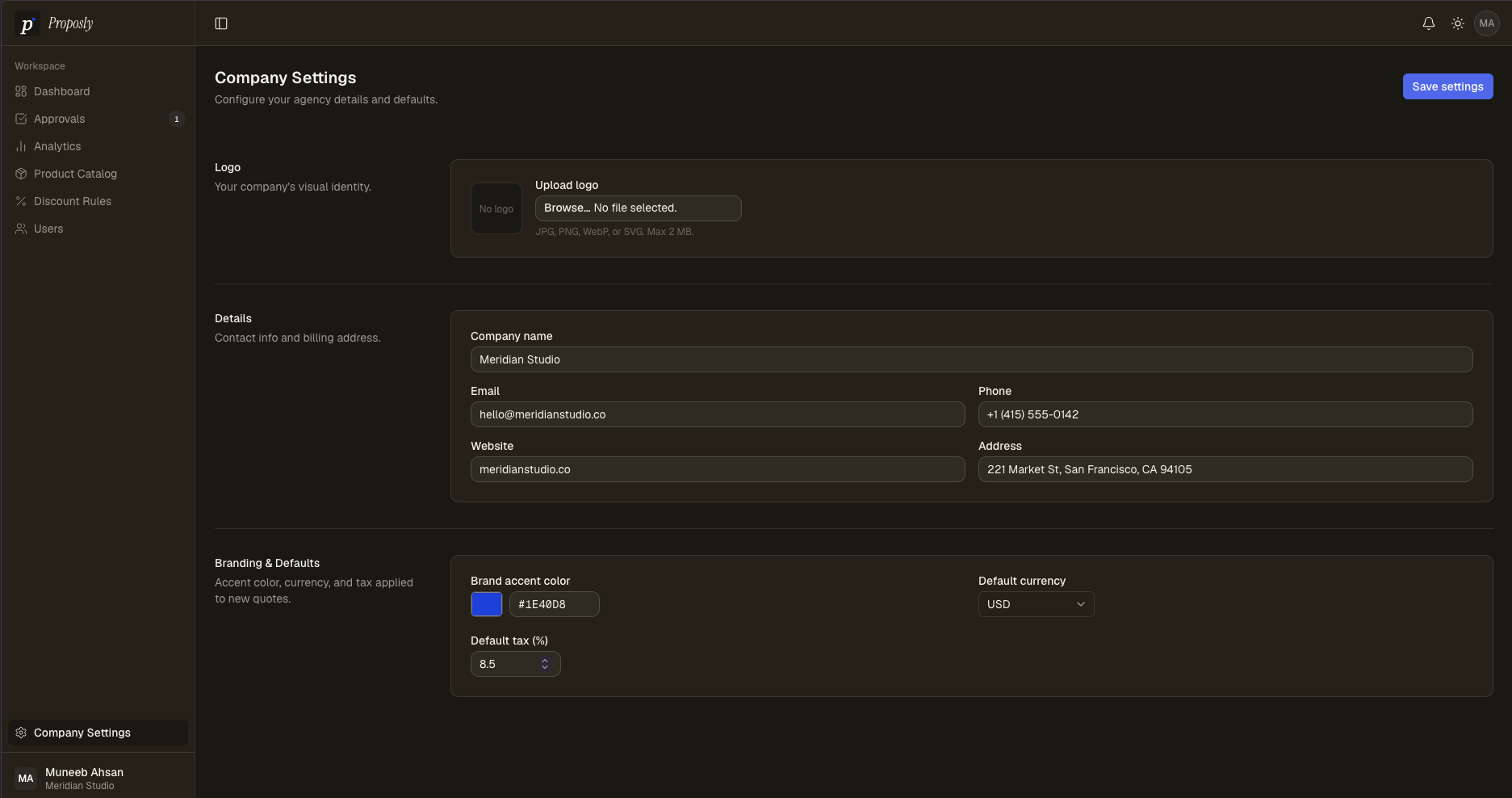 Company settings and branding